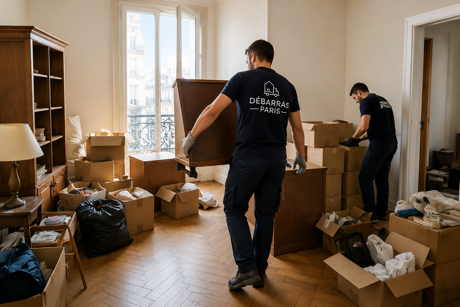 Professionnels de débarras en train de trier et emballer les objets d'un appartement parisien avec cartons étiquetés vaisselle, vêtements, décoration