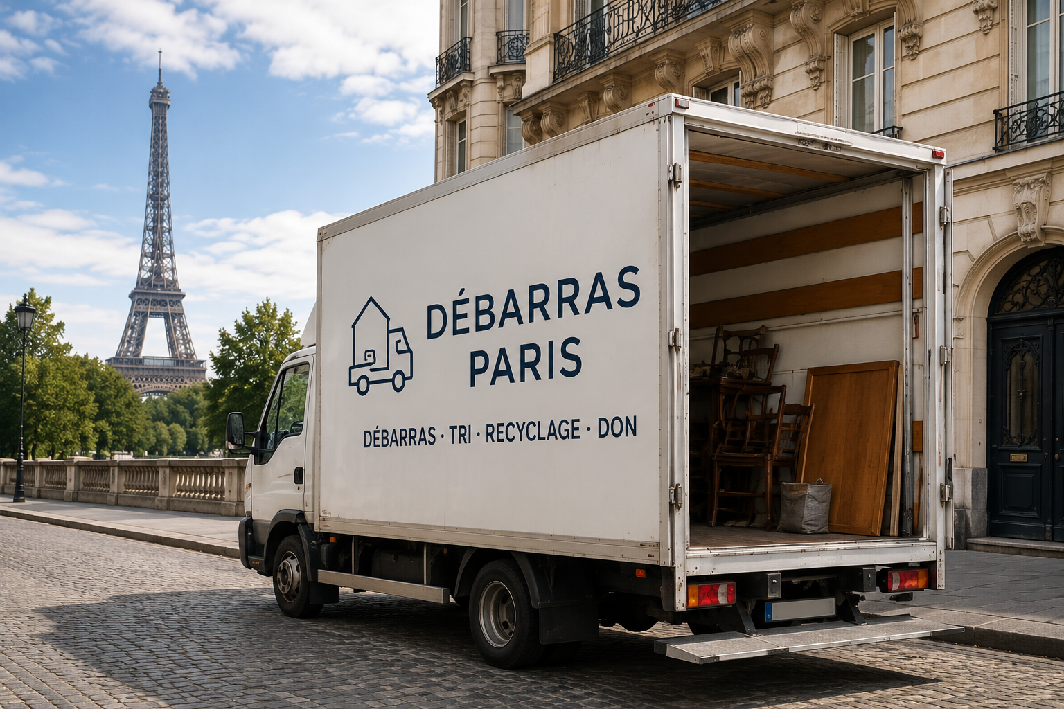 Camion de débarras professionnel garé devant un immeuble haussmannien à Paris avec la Tour Eiffel en arrière-plan