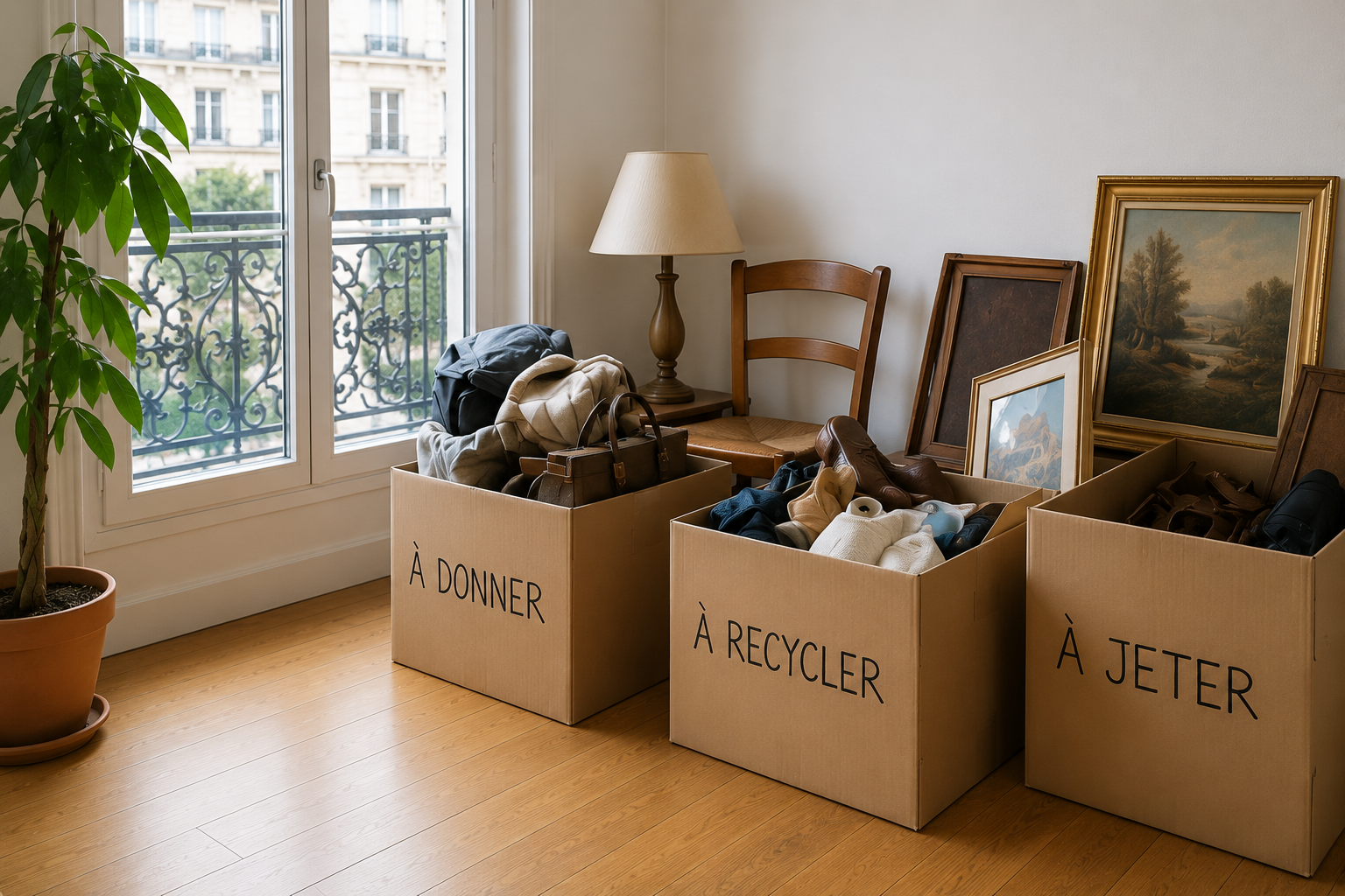 Trois cartons de tri lors d'un débarras d'appartement à Paris labellisés à donner, à recycler et à jeter