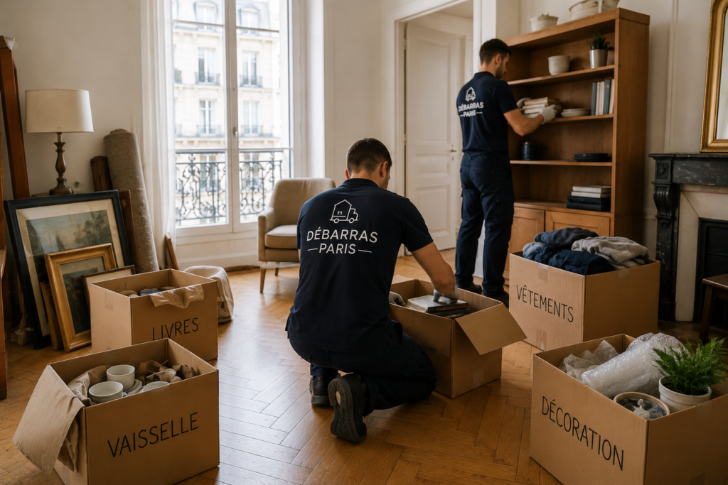 Équipe de débarras professionnelle en train de vider un appartement parisien haussmannien avec cartons et meubles